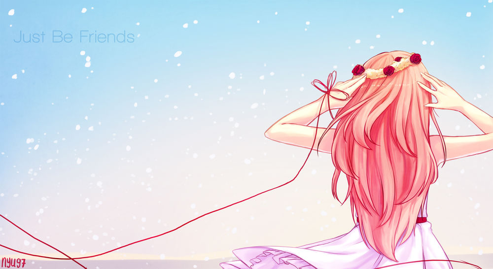 Обои для рабочего стола Vocaloid Megurine Luka / Вокалоид Мегуринэ Лука, с венком на голове и с красной нитью на руке, художник Nyu97