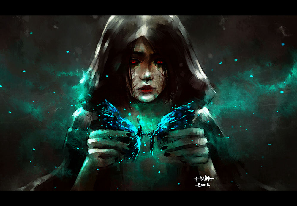 Обои для рабочего стола Девушка разрывает бабочку, art by nanfe