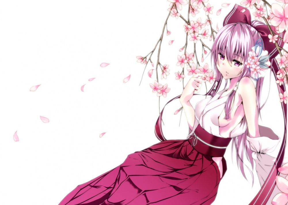 Обои для рабочего стола Hakurei Reimu сидит под цветущей сакурой из игры Touhou / Проект Восток