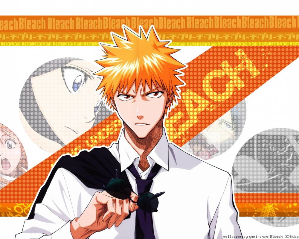 Обои на рабочий стол Kurosaki Ichigo / Куросаки Ичиго из аниме Bleach /  Блич в белой рубашке с черным галстуком держит темные очки в руке, обои для  рабочего стола, скачать обои, обои бесплатно