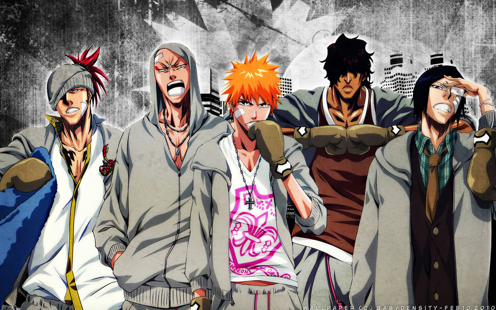 Обои для рабочего стола Персонажи аниме Bleach / Блич в уличной одежде на фоне города стоят в ряд, желая подраться