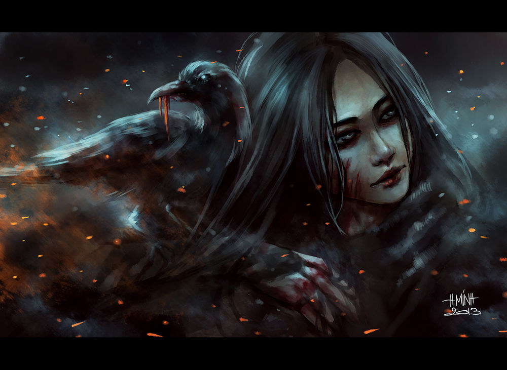 Обои для рабочего стола У девушке на руке сидит ворон, art by NanFe