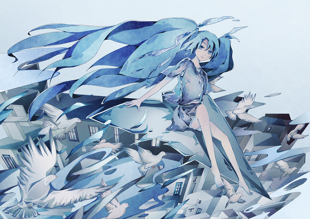 Обои для рабочего стола Vocaloid Miku Hatsune / Вокалоид Мику Хатсуне летит на бумажном самолете