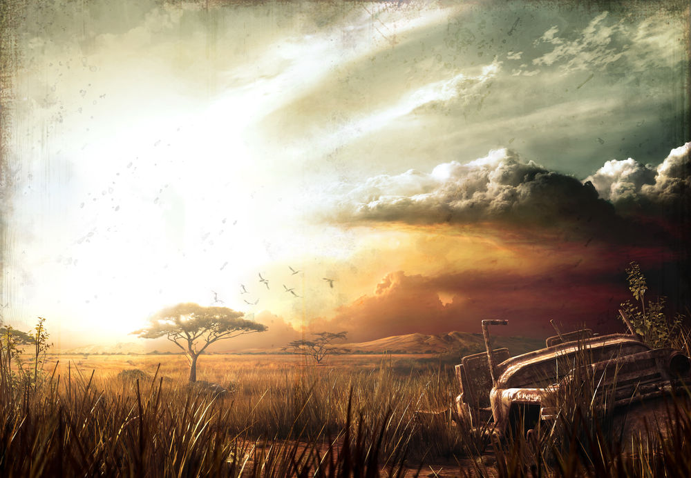 Обои для рабочего стола Вид на африканскую саванну на закате, из игры Far Cry 2