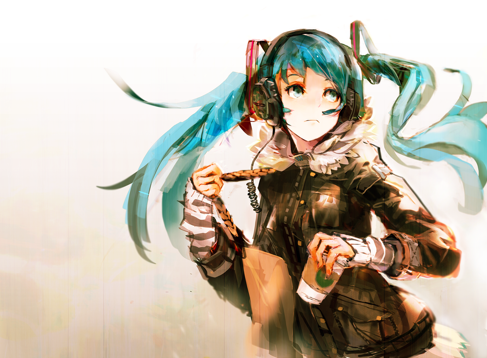 Обои для рабочего стола Vocaloid Miku Hatsune / Вокалоид Мику Хатсуне с сумкой и кофе в руках