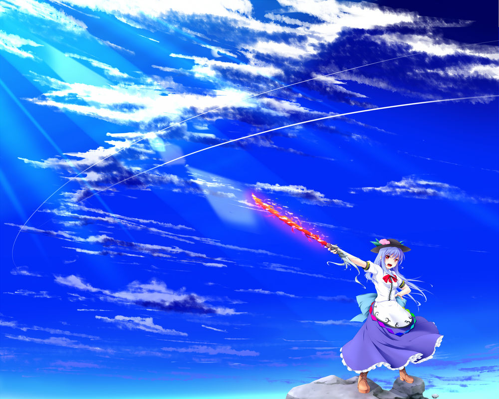 Обои для рабочего стола Тэнси Хинанай / Tenshi Hinanawi из игры Touhou Project / Проект «Восток» на фоне неба