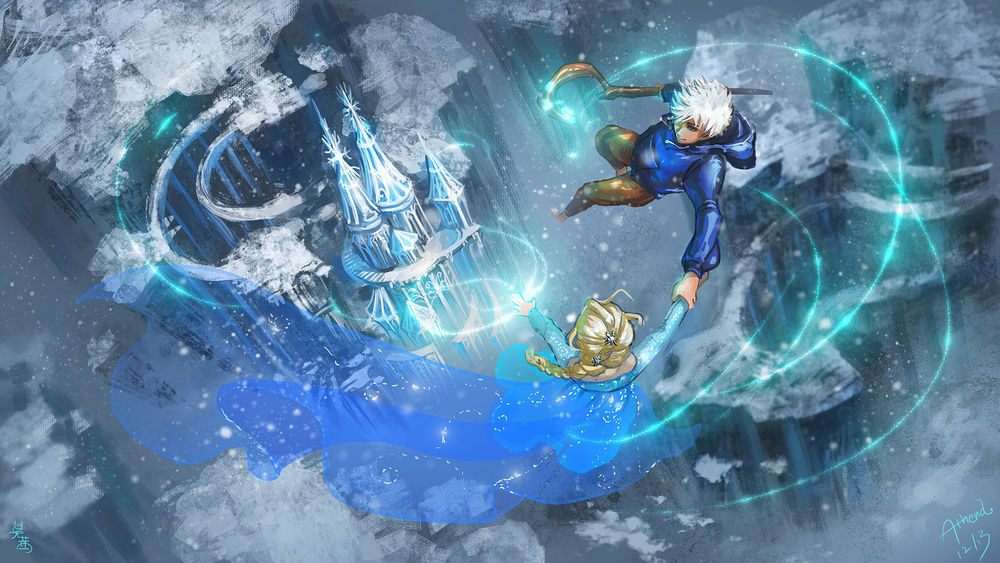 Обои для рабочего стола Ледяной джек / Jack frost из мультфильма Хранители снов / Rise of the Guardians и Эльза / Elsa из мультфильма Холодное сердце / Frozen