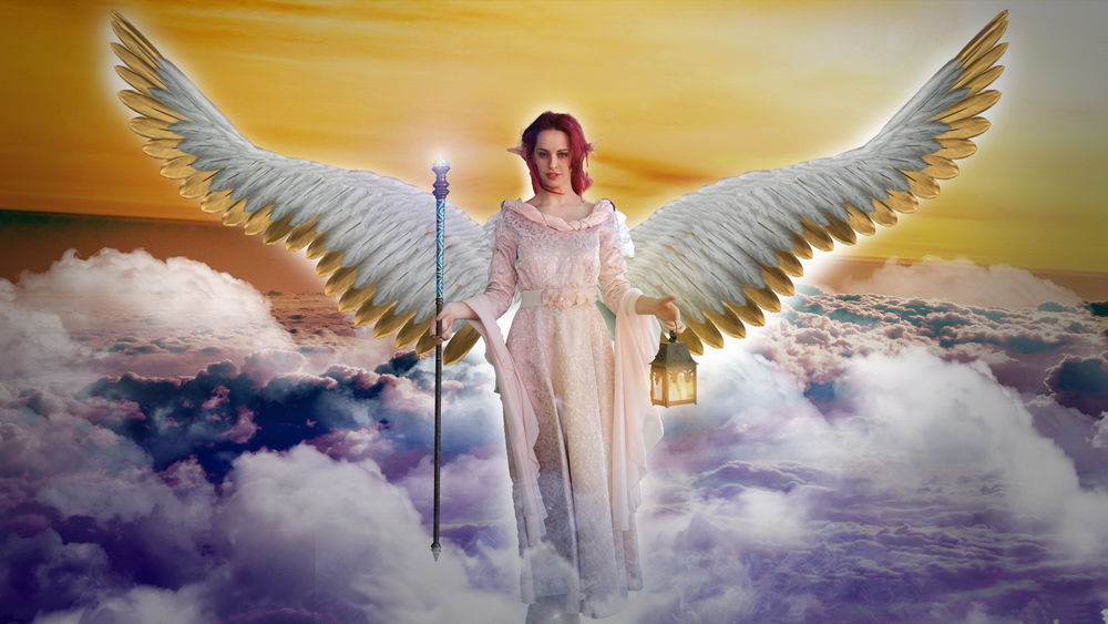 Обои для рабочего стола Рыжеволосая девушка с ангельскими крыльями, держащая в одной руке горящий фонарь, в другой посох со светящимся шаром, идущая в небе по облакам
