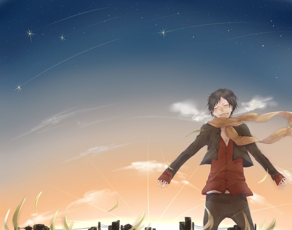Обои для рабочего стола Счастливый Orihara Izaya / Орихара Изая на фоне неба из аниме Durarara / Дюрарара / Всадник без головы