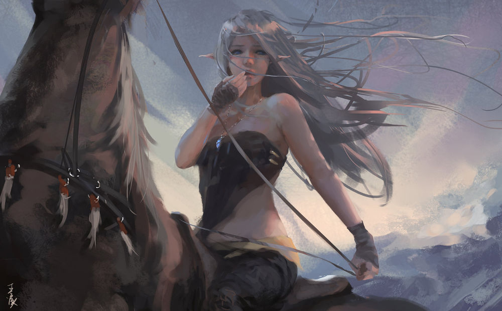 Обои для рабочего стола Эльфийка верхом на лошади, art by wlop