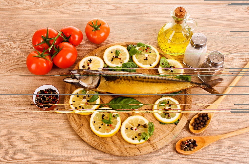Обои для рабочего стола Скумбрия с овощами