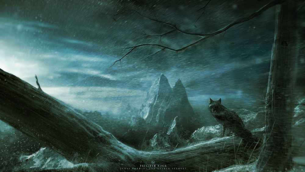 Обои для рабочего стола Волк на фоне гор под дождем, аrt by Kuldar Leement
