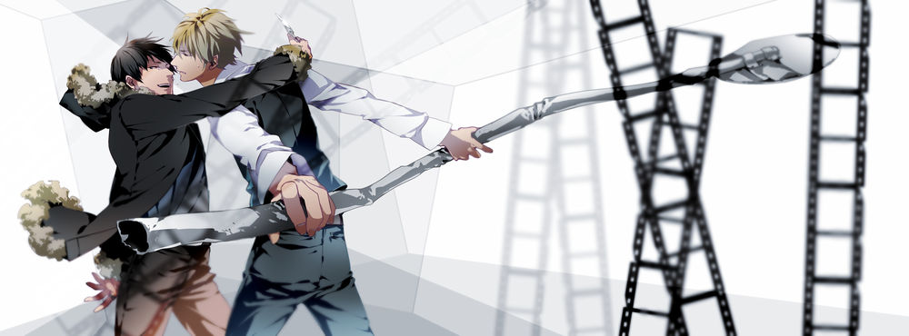 Обои для рабочего стола Orihara Izaya / Орихара Изая и Heiwajima Shizuo / Хэйваджима Шизуо из аниме Durarara / DRRR / Дюрарара / Всадник без головы, art by Onoya Bumpkin