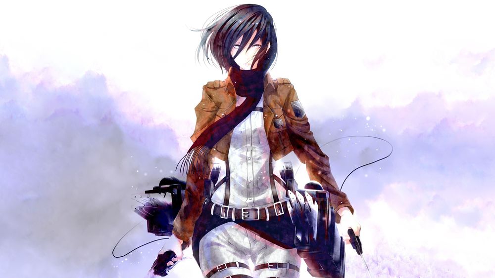 Обои для рабочего стола Mikasa Ackerman / Микаса Акерман с безразличным взглядом и оружием в руках, из аниме Атака Титана / Attack on Titan / Shingeki no Kyojin