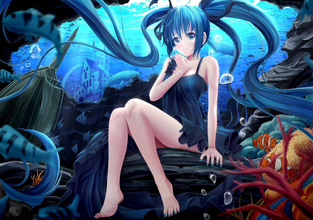 Обои для рабочего стола Vocaloid Hatsune Miku / Вокалоид Хатсунэ Мику сидит под водой, art by rayxray