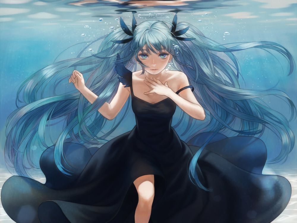 Обои для рабочего стола Vocaloid Hatsune Miku / Вокалоид Хатсунэ Мику под водой, art by esukee