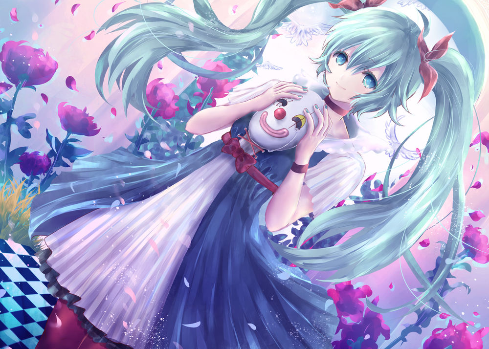 Обои для рабочего стола Vocaloid Hatsune Miku / Вокалоид Хатсунэ Мику держит в руках маску клоуна, art by alicetype