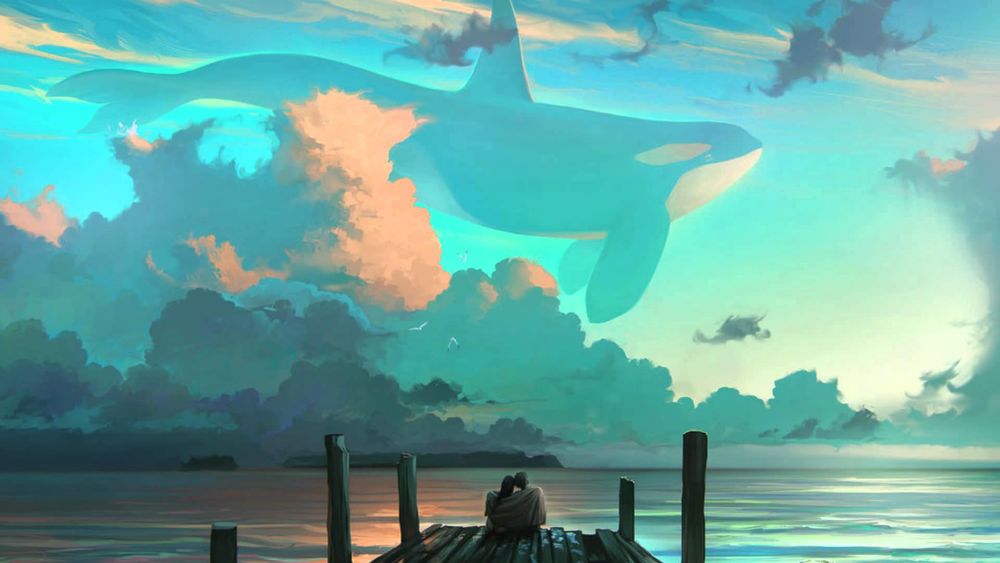 Обои для рабочего стола Пара сидит на причале и смотрит на кита в небе, art by RHADS
