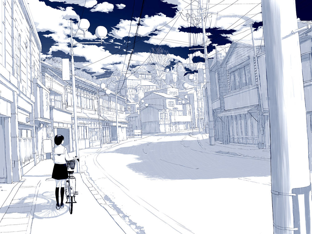 Обои для рабочего стола Девушка с велосипедом в городе, art by Emukami