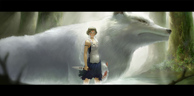Обои на рабочий стол Сан / Принцесса Мононокэ и Моро из аниме Принцесса Мононокэ / Princess Mononoke
