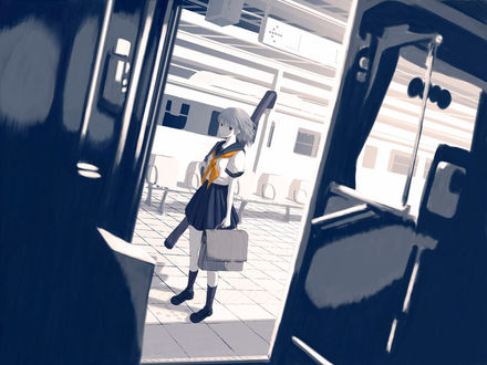 Обои на рабочий стол Девушка в школьной форме в метро, art by Emukami