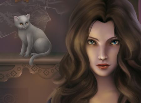 Обои на рабочий стол Рисунок девушки, за спиной которой сидит белая кошка