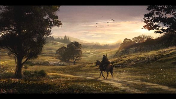 Обои на рабочий стол Человек едет на лошади по дороге, art by Ninjatic