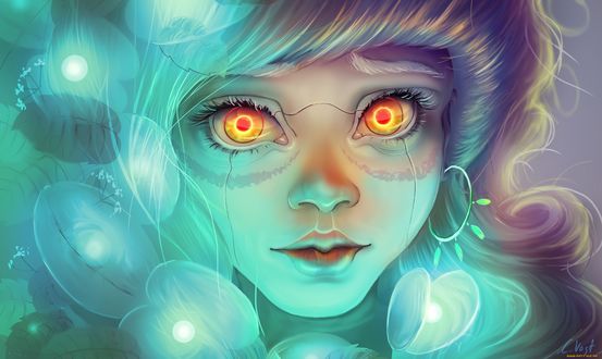 Обои на рабочий стол Девушка - киборг с желтыми глазами, арт by CarolinVogt