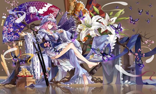 Обои на рабочий стол Yuyuko Saigyouji / Ююко Сайгедзи из игры Touhou / Тохо
