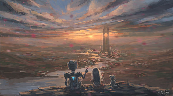 Обои на рабочий стол Девочка, робот и котенок любуются закатом, art by wlop