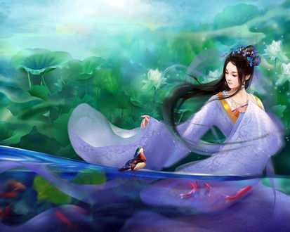 Обои на рабочий стол Девушка смотрит на птицу, художник HILIUYUN