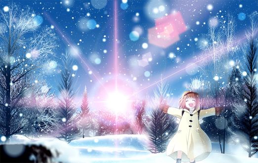 Обои на рабочий стол Тсукимия Аю / Tsukimiya Ayu из аниме Канон / Kanon радуется снегу