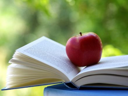 Обои на рабочий стол Красное яблоко лежит на страницах раскрытой книги