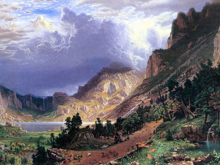 Обои на рабочий стол Картина, на которой изображен горный пейзаж, art by Albert Bierstadt