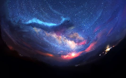 Обои на рабочий стол Силуэты деревьев на фоне ночного звездного неба, art by yuuko