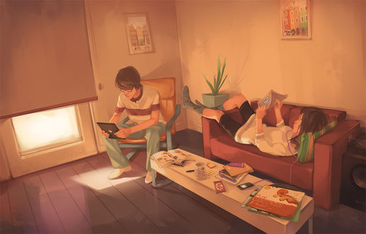 Обои на рабочий стол Девушка и парень читают в комнате, art by StudioQube