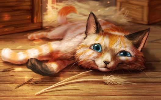Обои на рабочий стол Довольный рыжий кот, арт by Vilzard