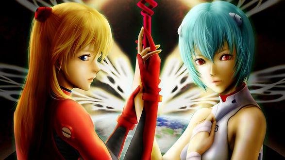 Обои на рабочий стол Asuka Langley Soryu / Аска Лэнгли Сорью и Ayanami Rei / Аянами Рей из аниме Neon Genesis Evangelion / Евангелион