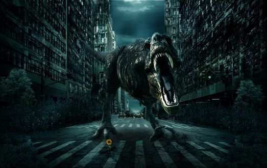 Обои на рабочий стол Динозавр на улице города, арт by TylerReitan