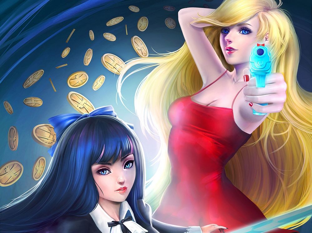 Обои для рабочего стола Panty and Stock / Пэнти и Сток / Труська и Чулко из аниме Panty and Stocking with Garterbelt / Труська, Чулко и пресвятой Подвяз, арт by inermonster