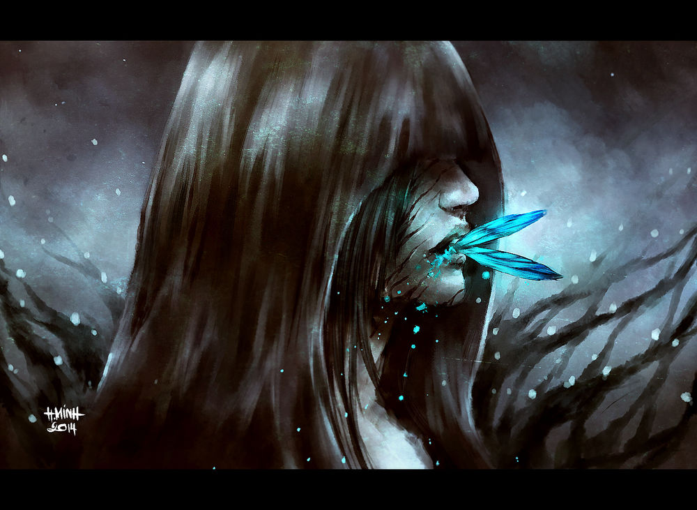 Обои для рабочего стола Девушка держит во рту насекомое, art by NanFe