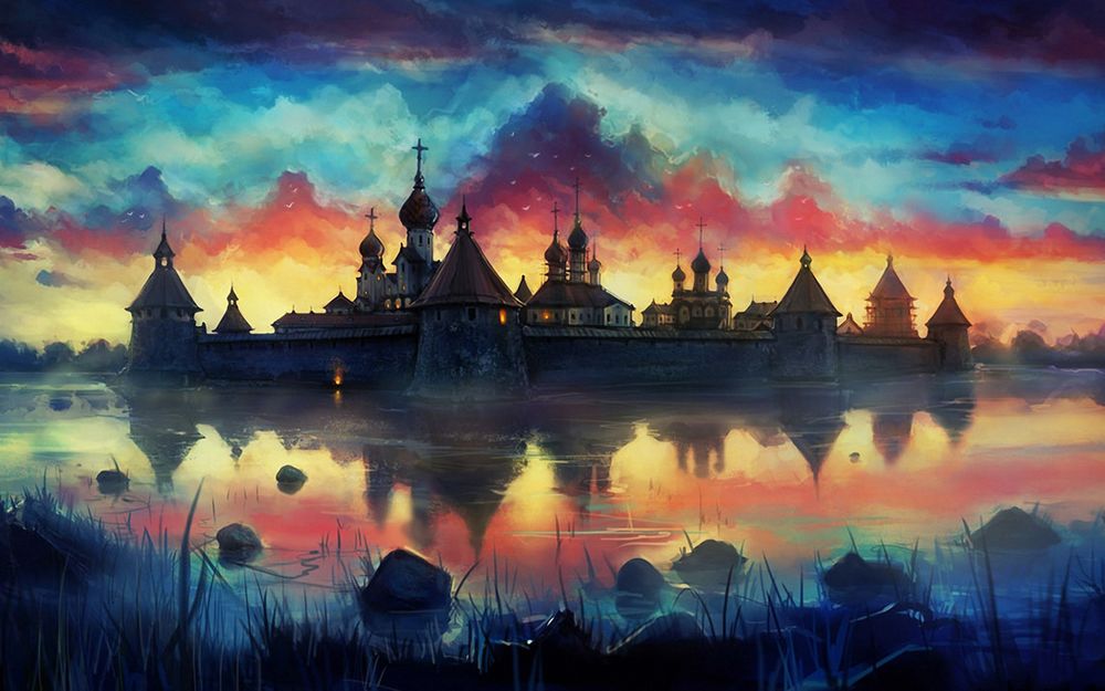 Обои для рабочего стола Рисунок монастыря, отражающегося в водах озера на фоне вечернего неба