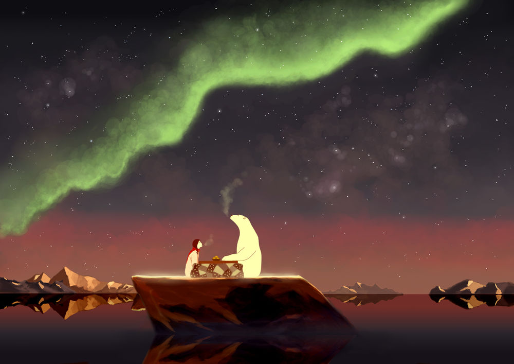 Обои для рабочего стола Девушка и белый медведь сидят за столом, стоящем на камне посреди океана, на фоне ночного неба и северного сияния
