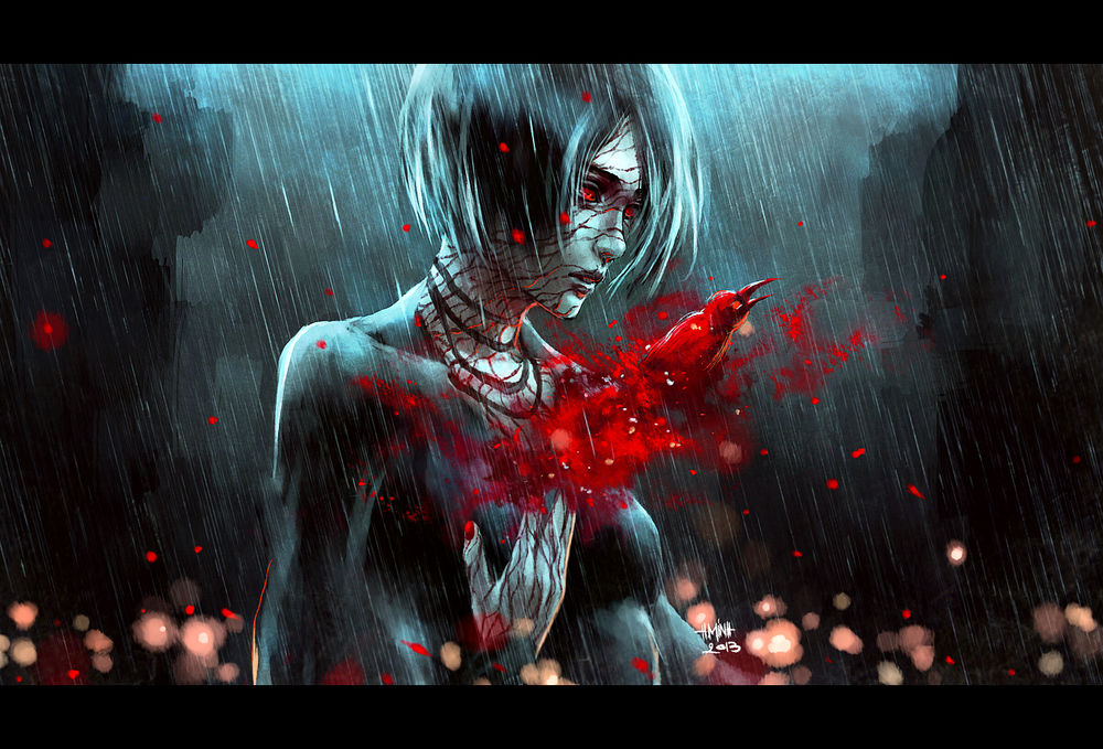 Обои для рабочего стола У девушки из груди вылетает птица, art by NanFe