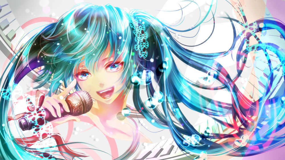 Обои для рабочего стола Вокалоид Хатсуне Мику / Hatsune Miku поет с микрофоном в руках, автор Suu