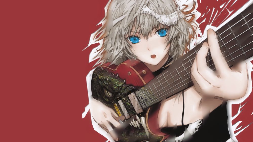 Обои для рабочего стола Сакуя Изаеи / Sakuya Izayoi с гитарой из игры Проект «Восток» / Touhou Project