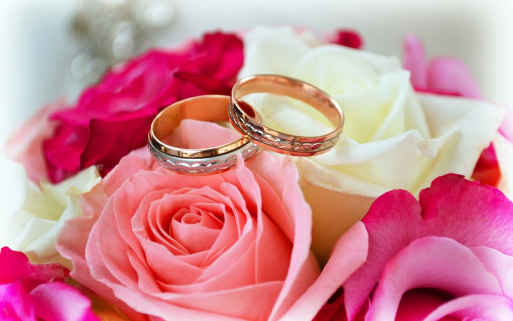 Открытка на День свадьбы - два кольца на красивом фоне