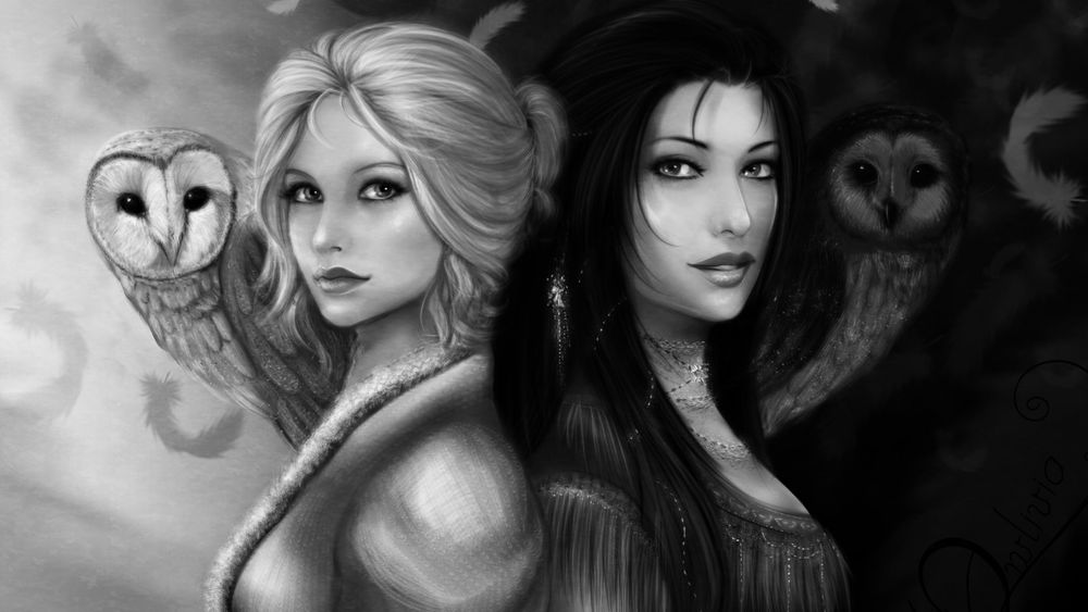Обои для рабочего стола Девушки и совы, арт by Owlivia