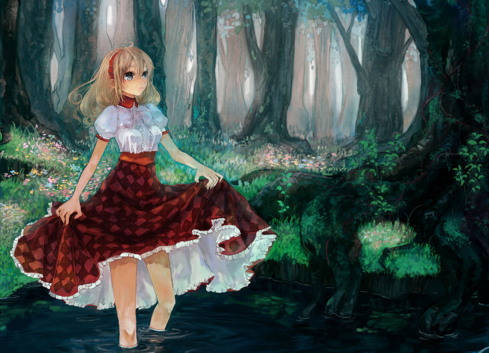 Обои для рабочего стола Девушка стоит в воде в лесу, art by pisuke