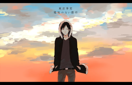Обои на рабочий стол Orihara Izaya / Орихара Изая из аниме Durarara / Дюрарара / Всадник без головы, art by roserose-kiri
